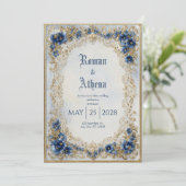 ブルービクトリアン&金ゴールドフローラレース結婚ズ 招待状 (スタンド正面)