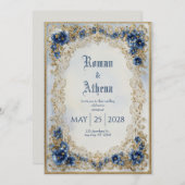 ブルービクトリアン&金ゴールドフローラレース結婚ズ 招待状 (正面/裏面)