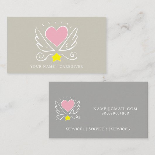 ブルービジネスの翼の介護者とピンクのハート 名刺 (正面/裏面)