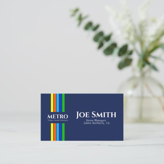 ブルービジネス名アーバンモダンド垂直ストライプ型 名刺 (スタンド正面)