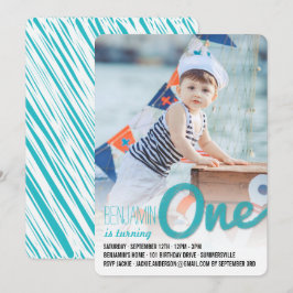 ブルービッグスケッチワンバースデーパーティー男の赤ちゃん 招待状