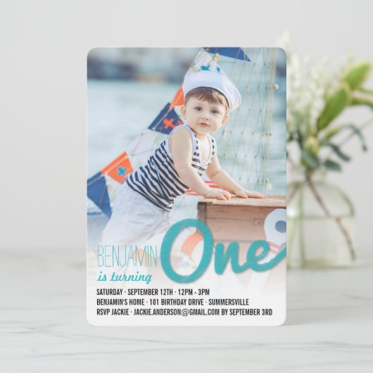 ブルービッグスケッチワンバースデーパーティー男の赤ちゃん 招待状 (スタンド正面)