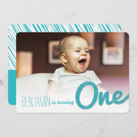 ブルービッグスケッチワン男の赤ちゃんの誕生日パーティー 招待状 (正面/裏面)