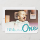 ブルービッグスケッチワン男の赤ちゃんの誕生日パーティー 招待状 (正面)