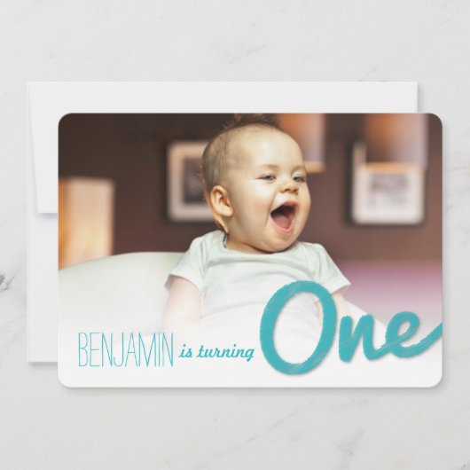 ブルービッグスケッチワン男の赤ちゃんの誕生日パーティー 招待状 (正面)