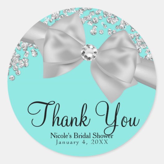 ブルービッグホワイトボウダイヤモンドブライダルシャワー ラウンドシール (正面)