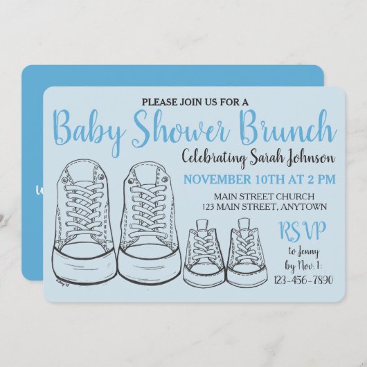 ブルービッグリトルシューズボーイ新生児シャワー 招待状 (正面/裏面)