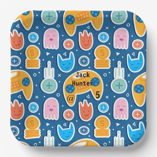 ブルービデオゲームパターンパーソナライズされた誕生日 ペーパープレート (正面)