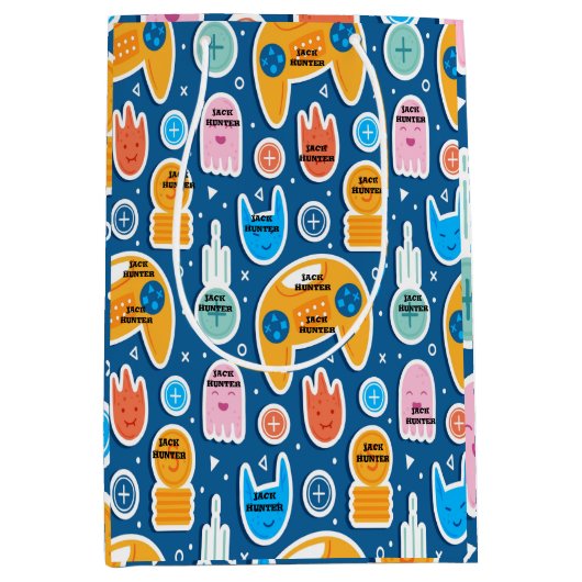 ブルービデオゲームパターンパーソナライズされた誕生日 ミディアムペーパーバッグ (正面)