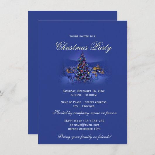 ブルービンテージクリスマスツリー雪の夜パーティー 招待状 (正面/裏面)
