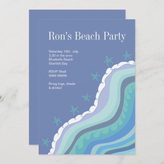 ブルービーチウェーブスターフィッシュサマーパーティの招待状 招待状 (正面/裏面)