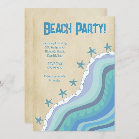 ブルービーチウェーブスターフィッシュサマーパーティの招待状 招待状 (正面/裏面)