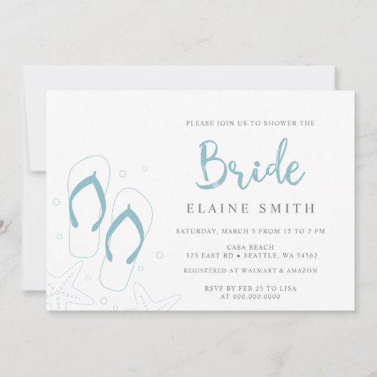 ブルービーチサンダルサマービーチブライダルシャワー 招待状 (正面)