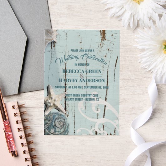 ブルービーチシーシェルスターフィッシュ結婚コースト ベラム紙招待状 (ウェディング)
