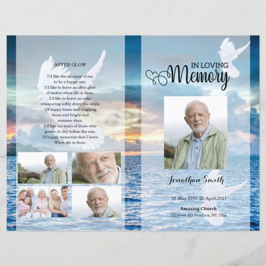 ブルービーチ及び鳩の葬儀プログラムテンプレート (正面)