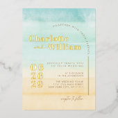 ブルービーチ砂水結婚色の箔招待状 箔招待状 (正面)