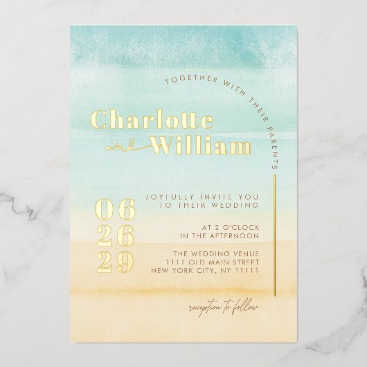 ブルービーチ砂水結婚色の箔招待状 箔招待状 (正面)