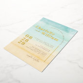 ブルービーチ砂水結婚色の箔招待状 箔招待状 (回転した状態)