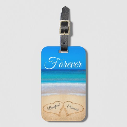 ブルービーチ結婚式ハートインサンドフォーエバービーチ ラゲッジタグ (正面縦)