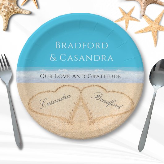 ブルービーチ結婚式2ハートインザサンド紙P ペーパープレート