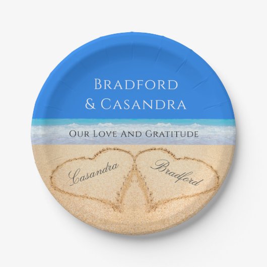 ブルービーチ結婚式2ハートズインザサンド ペーパープレート (正面)