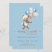 ブルービーリースイートボーイ1st誕生日テディベアブラウン 招待状 (正面/裏面)