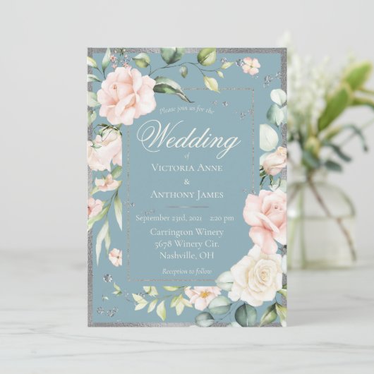 ブルーピエレガントンク赤面水彩フローラ結婚ズ 招待状 (スタンド正面)