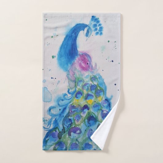ブルーピエレガントーコックウォーターカラーアートバードガールズ バスタオルセット (ハンドタオル)