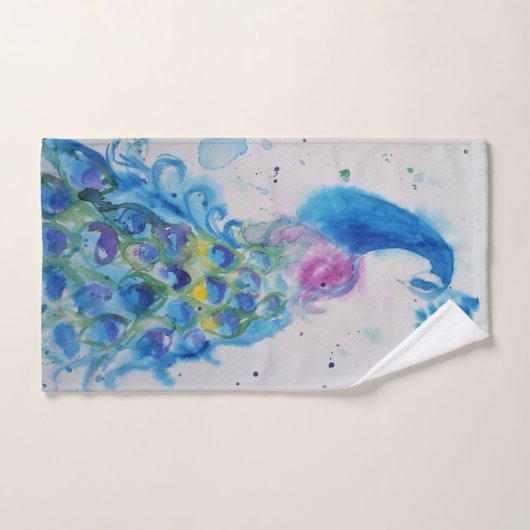 ブルーピエレガントーコックウォーターカラーアートバードガールズ バスタオルセット (ハンドタオル)
