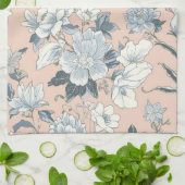 ブルーピオニーとモモの植物画 古風な花柄 キッチンタオル (折り畳み)