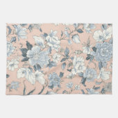 ブルーピオニーとモモの植物画 古風な花柄 キッチンタオル (横)