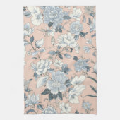ブルーピオニーとモモの植物画 古風な花柄 キッチンタオル (縦)