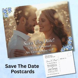 ブルーピオニーと写真のSave The Date 案内ポストカード