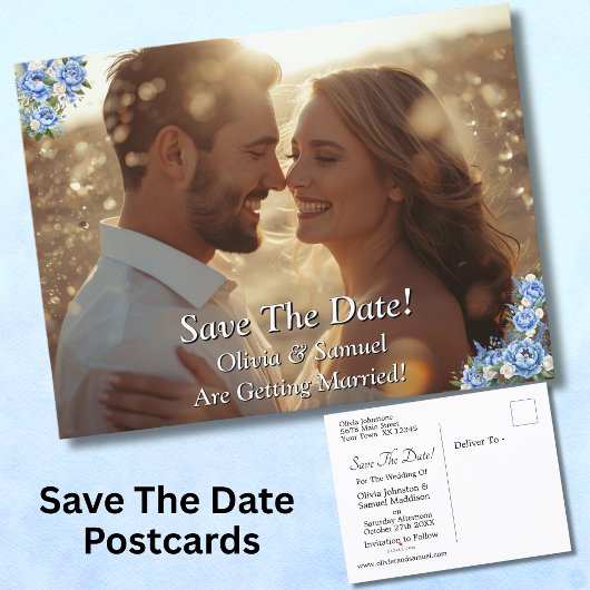 ブルーピオニーと写真のSave The Date 案内ポストカード