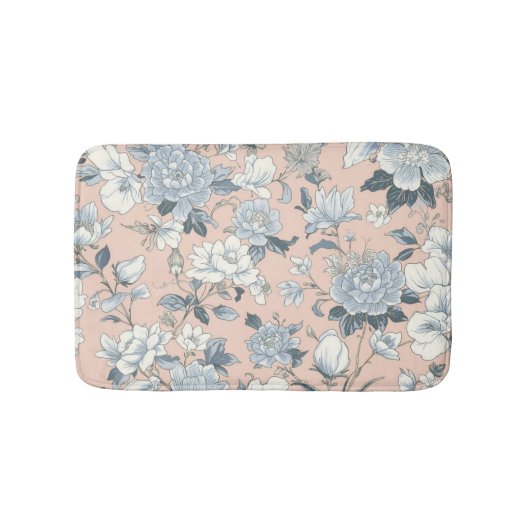 ブルーピオニー 桃色の植物画 古典的な花柄 バスマット (正面)