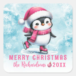 ブルーピンクおもしろいペンギンアイススケーターメリークリスマス スクエアシール