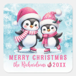 ブルーピンクかわいいペンギンカスタムズメリークリスマス スクエアシール