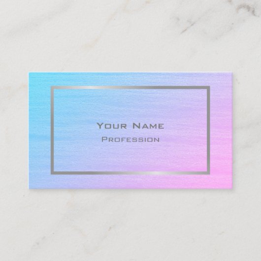 ブルーピンクかわいらしグラディエントのテクスチャ付きシルバーフレーム 名刺 (正面)