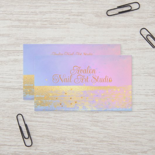 ブルーピンクと金ゴールドウォーターカラーネイルアートスタジオ 名刺 (正面/裏面インサイチュ)