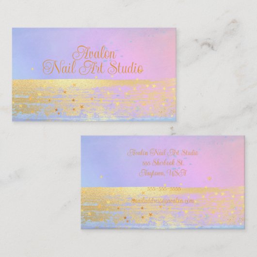 ブルーピンクと金ゴールドウォーターカラーネイルアートスタジオ 名刺 (正面/裏面)