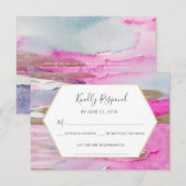 ブルーピンクと金ゴールド水色のRSVPカード 招待状 (正面/裏面)