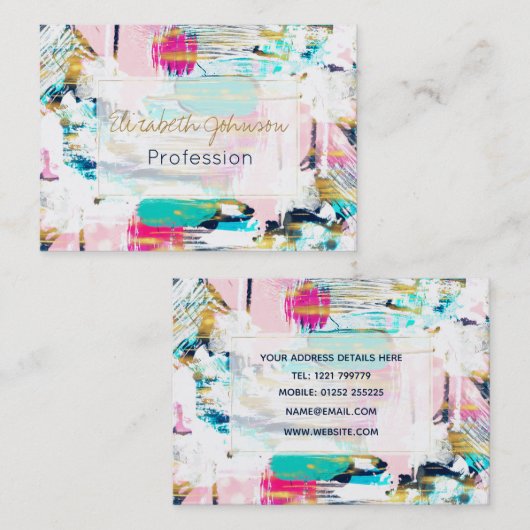 ブルーピンクと金ゴールド絵画ブラシ 名刺 (正面/裏面)