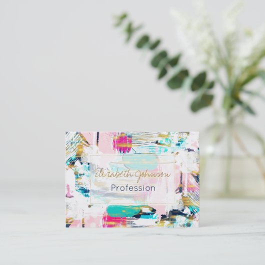 ブルーピンクと金ゴールド絵画ブラシ 名刺 (スタンド正面)