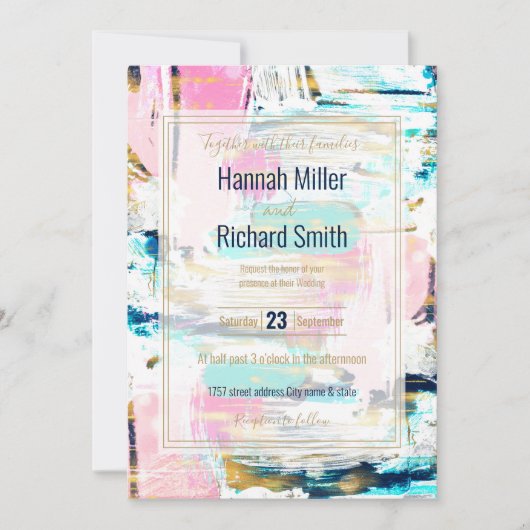 ブルーピンクと金ゴールド絵画ブラシ 招待状 (正面)