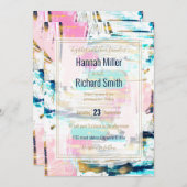 ブルーピンクと金ゴールド絵画ブラシ 招待状 (正面/裏面)