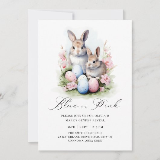 ブルーピンクのイースターエッグバニーラビットジェンダーリビール 招待状 (正面)
