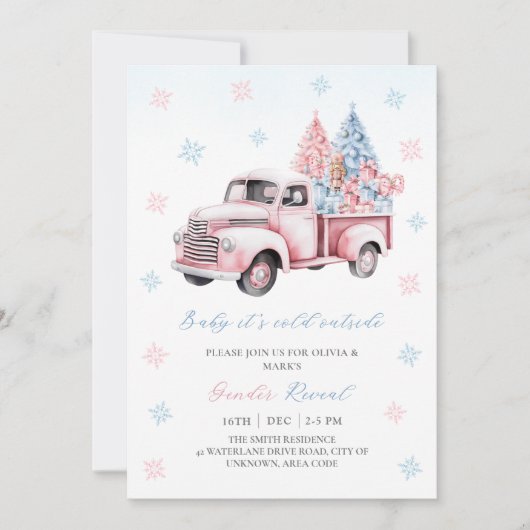 ブルーピンクのギフトクリスマストラックジェンダーが明らかにする 招待状 (正面)