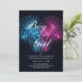 ブルーピンクのハート花火ベビー性別の表示 招待状 (スタンド正面)