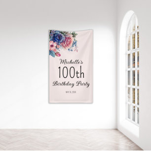ブルーピンクのバラの花 フローラル ボタニカル 100歳の誕生日 横断幕