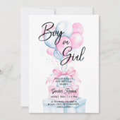 ブルーピンクのバルーン驚きのボックス性別の表示 招待状 (正面)